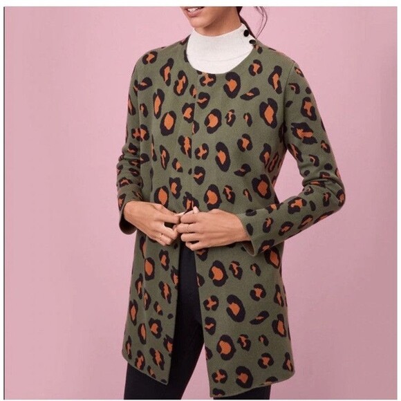 Ann Taylor Open Front Cardigan Green Cheetah Print LP Petite Long Sleeve Stretch - Picture 9 of 12